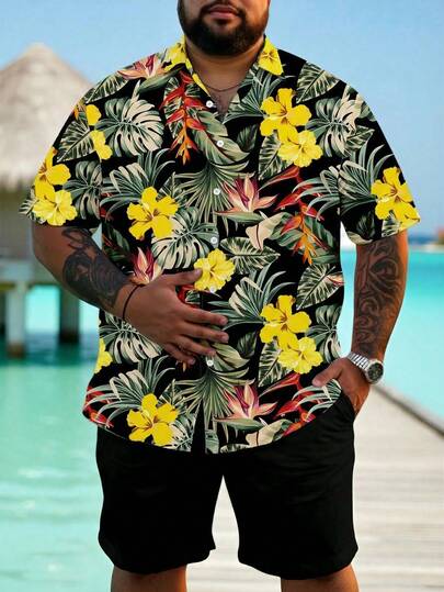 VIVINTIMO 男士加大码印花单排扣休闲日常短袖衬衫