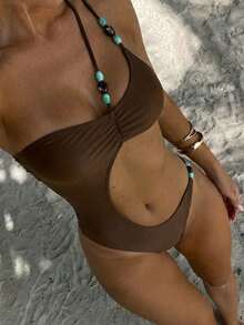 Aloruh 女士连体泳衣，带肩带和腰部镂空串珠装饰 - 咖啡棕 - 查看 2