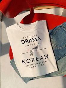 Camiseta corta de manga corta casual con estampado de eslogan - Blanco - Ver 3