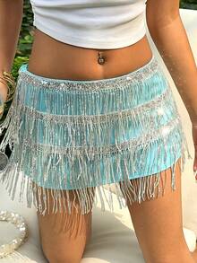 Sunnyshic Chân váy hè gợi cảm dành cho nữ, phối sequin màu xanh dương, có tua rua, thích hợp cho các bữa tiệc, đi biển hoặc du lịch, theo phong cách châu Âu và Mỹ. - Màu xanh lam - Xem 4