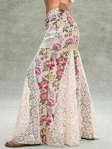 Bohemela BOHO Countryside Vacation Casual Pink Ditsy Floral Contrast Lace Loose Wide Leg Low Waist Women Pants - Khaki - View 1