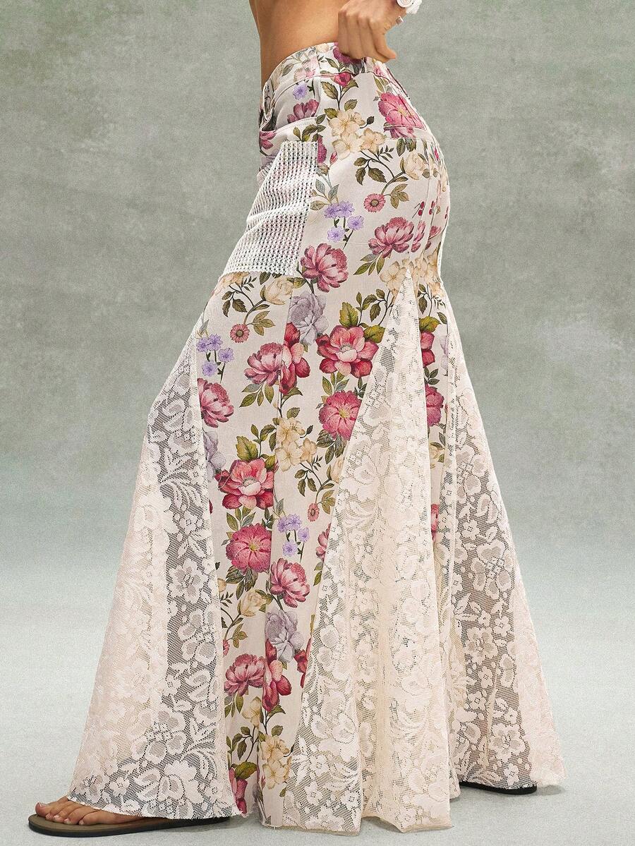 Bohemela BOHO Countryside Vacation Casual Pink Ditsy Floral Contrast Lace Loose Wide Leg Low Waist Women Pants - Khaki - View 1