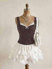 Attitoon Áo tank top nữ dáng ôm, cổ vuông, thắt nơ, họa tiết chấm bi nâu, phong cách retro Y2K đa năng, thích hợp cho lễ hội âm nhạc, trang phục mùa hè. - Nhiều màu - Xem 7