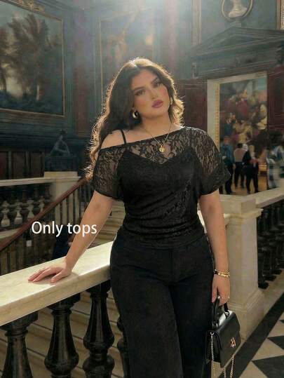 SHEIN MOD Blusa negra de encaje asimétrica de talla grande