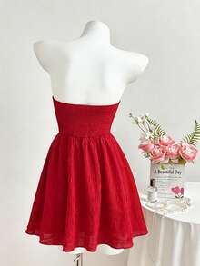 SHEIN PETITE 娇小女款春夏纹理面料修身A字休闲度假连衣裙 - 紅色 - 查看 2