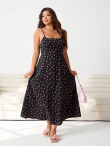 Solflare 2026春夏新款休闲日常穿着派对约会生日音乐节返校通勤度假情人节多场合连衣裙，吊带高腰露背黑色底红色碎花中长连衣裙，大码 - 彩色 - 查看 5