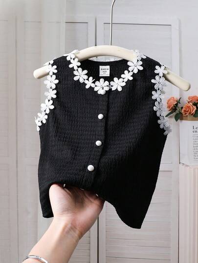 SHEIN Áo vest dệt kim đơn sắc phối màu tương phản với ruy băng hoa dành cho bé gái, kiểu dáng thường ngày.