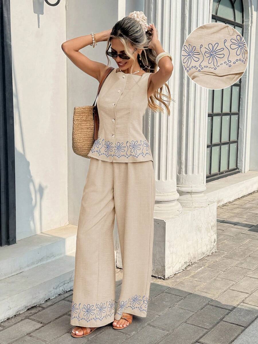 Serisse Women's Floral Print Single-Breasted Top And Wide-Leg Pants Casual 2 Pieces Set,Work Outfits For Women,Vacation Outfits WomenAsymmetric - Khaki - View 1