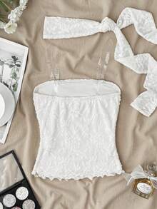 少女优雅甜美背心和吊带衫，配套围巾，杏色褶皱腰部蕾丝短款上衣 - 杏色 - 查看 2