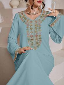 SHEIN Najma Damen eleganter, bunter, bestickter Quasten-Dekor, locker sitzender, bequemer Lässig Bademantel - Lichtblau - Übersicht 8