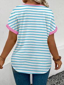 EMERY ROSE Camiseta casual versátil de talla grande con cuello redondo, manga corta y estampado de rayas para mujer, nueva colección primavera/verano - Blanco - Ver 2