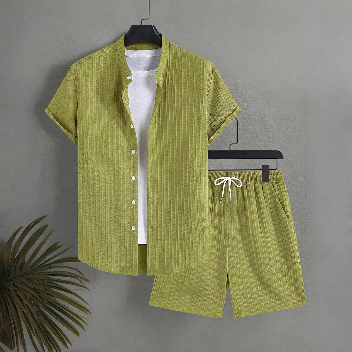 Conjunto de camisa y pantalones cortos de unicolor casual para hombre, atuendo de playa, vacaciones