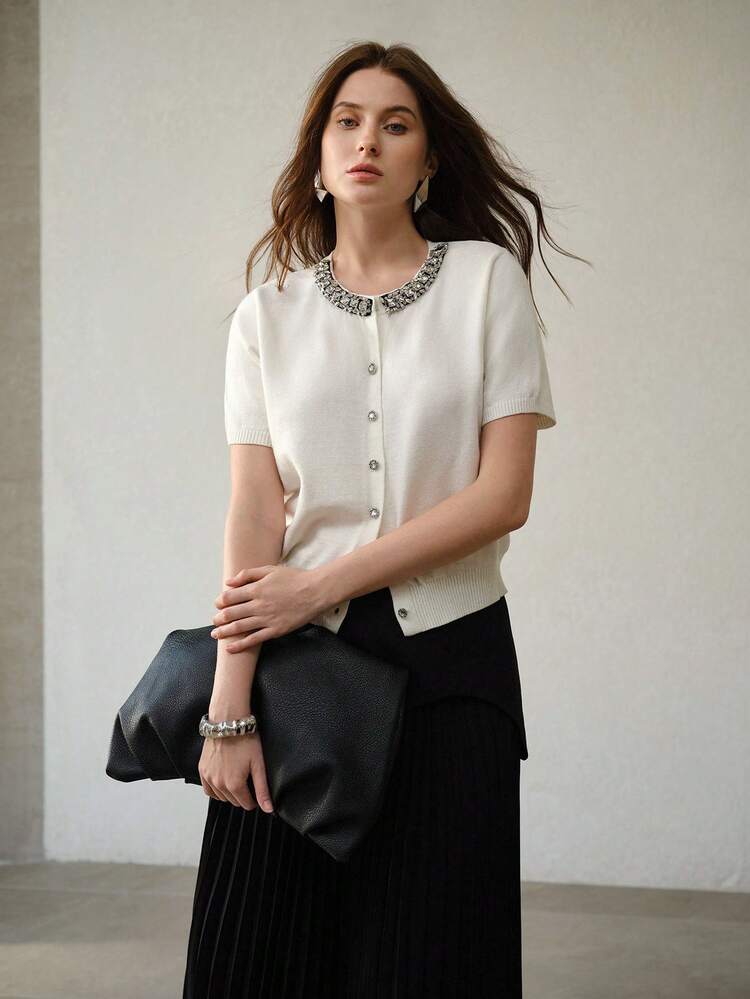 RHINESTONE DETAIL BUTTON UP KNIT TOP