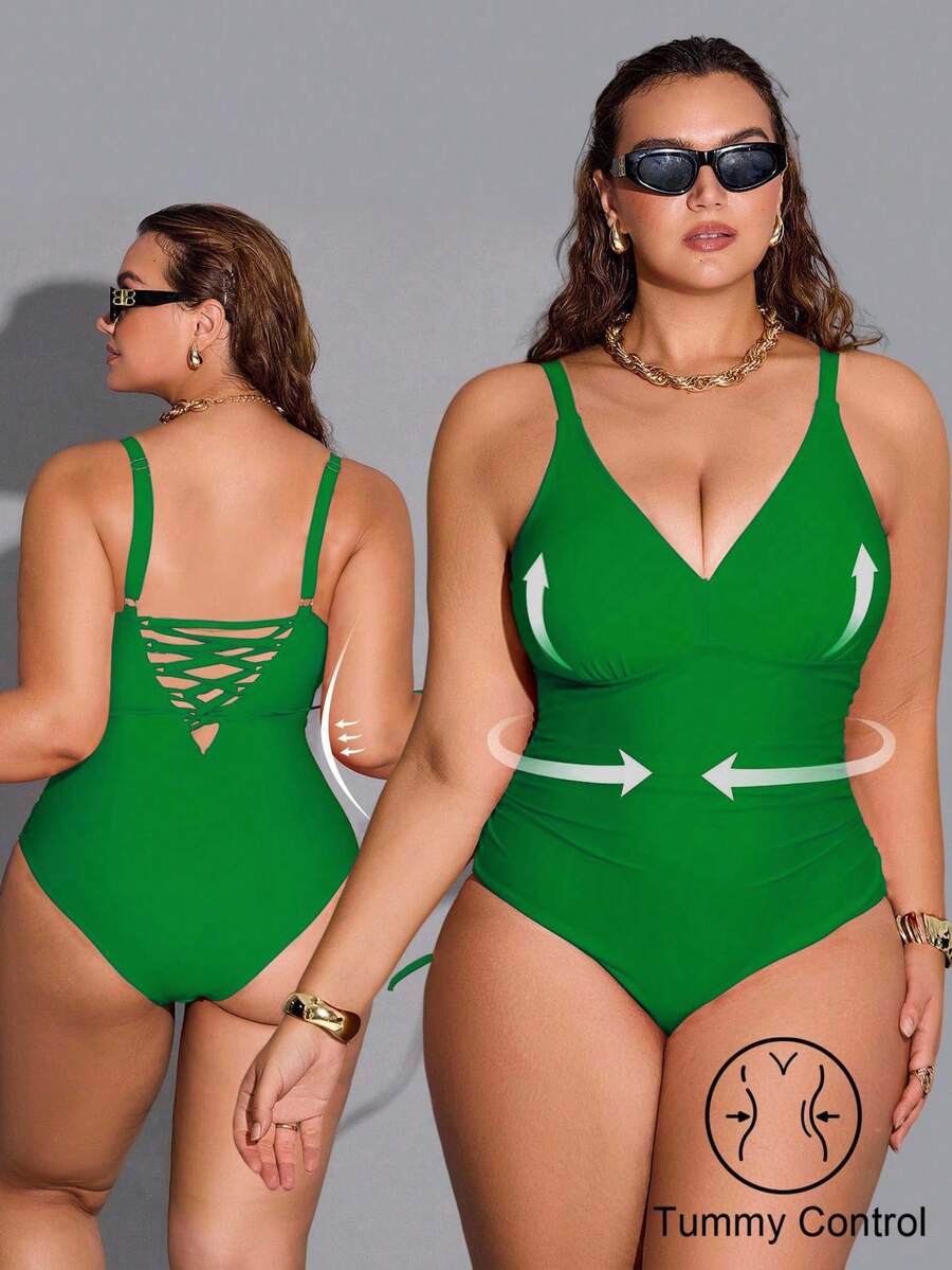 Plus Size Women Sexy One-Piece Swimsuit - Green - View 1
