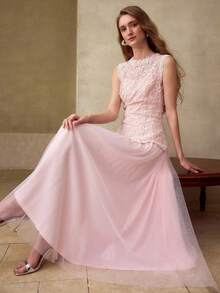 MOTF PREMIUM SUMMER DESIGN MESH PATCHWORK SLEEVELESS CONTRAST GUIPURE LACE ELEGANT ELEGANT PLEATED DRESS FOR WOMEN - Pink - View 2