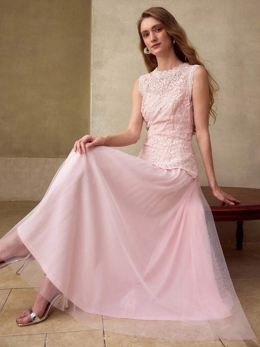 MOTF PREMIUM SUMMER DESIGN MESH PATCHWORK SLEEVELESS CONTRAST GUIPURE LACE ELEGANT ELEGANT PLEATED DRESS FOR WOMEN - Pink - View 2