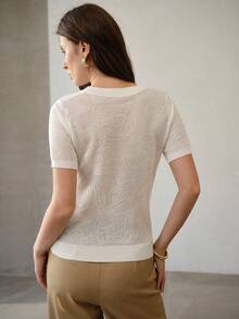 MOTF PREMIUM UNIQUE DELICATE HOLLOW-OUT JACQUARD KNIT SHORT SLEEVE SOFT & LIGHTWEIGHT KNIT TOP - White - View 3
