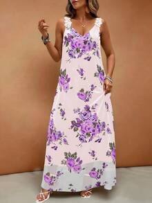 EMERY ROSE 大码春夏印花长裙，优雅浪漫花卉图案，蕾丝边饰，吊带雪纺衬里，女士夏季连衣裙，女士春季连衣裙，女士长裙，女士夏季套装，女士休闲连衣裙 - 紫色 - 查看 4