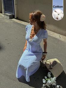 Serisse 女士格子短袖中长连衣裙 - 彩色 - 查看 9