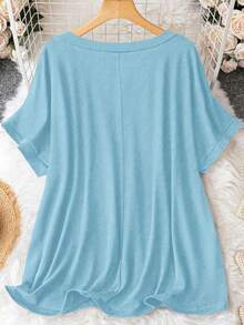 SHEIN CURVE+ Đầm thun dệt kim dáng rộng, cổ chữ V, tối giản, cỡ lớn, kiểu dáng thường ngày. - Màu xanh nhạt - Xem 2