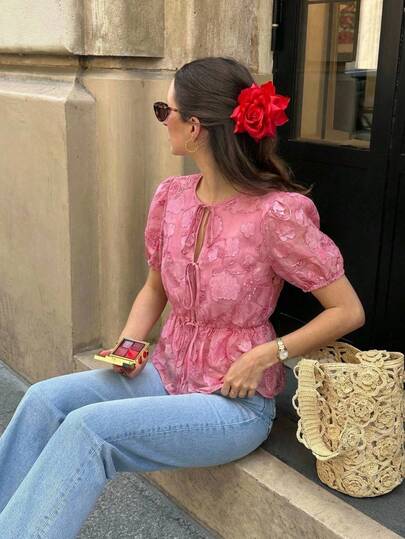 Serisse Women's Floral Print Front Tie Short Petal Sleeve Ruffle Hem Fashionable Blouse, French Retro Sequined Embroidered Puff Sleeve Tie Top,Floral Jacquard Sequin Embroidered Chiffon,Soft Pink Lightweight And Breathable Summer Top,Pink Floral Top, Pink Blouse, Spring Blouse, Summer Blouse, Pink Lace Top,Elegant Women's Blouses,Wedding Season,Summer Tops,Casual Blouses For Women, Beach Outfits, Beach Vacation Outfits For Women,Holiday Outfits For Women,Summer Outfit For Women,Summer Clothes, Pink Blouse For Women Elegant, Pink Summer Top