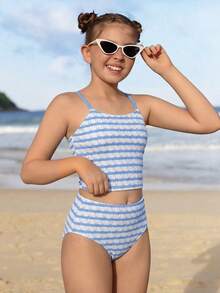 少女条纹比基尼套装，休闲两件式泳衣，三角泳裤设计，适合度假、海滩、夏季穿着。 - 藍色 - 查看 6