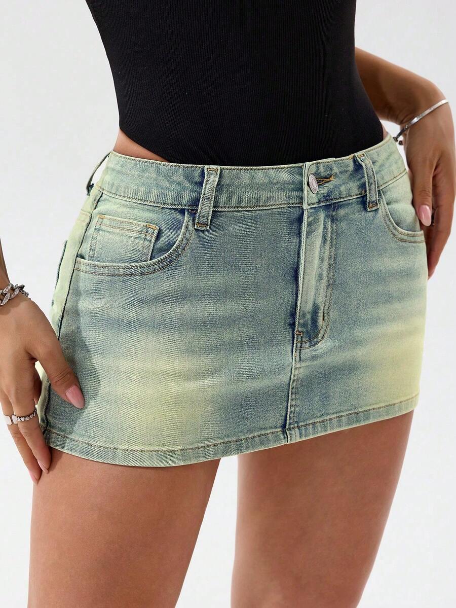 SHEIN PETITE Váy mini denim giản dị thiết kế túi ôm vừa vặn dành cho nữ - Màu xanh lam - Xem 1