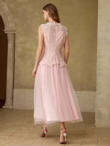 MOTF PREMIUM SUMMER DESIGN MESH PATCHWORK SLEEVELESS CONTRAST GUIPURE LACE ELEGANT ELEGANT PLEATED DRESS FOR WOMEN - Pink - View 3