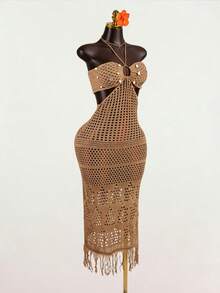 SaltGleam SaltGleam Women's Summer Vacation Hollow-Out Sequin Fringe Hem Halter Knit Dress - Khaki - View 4