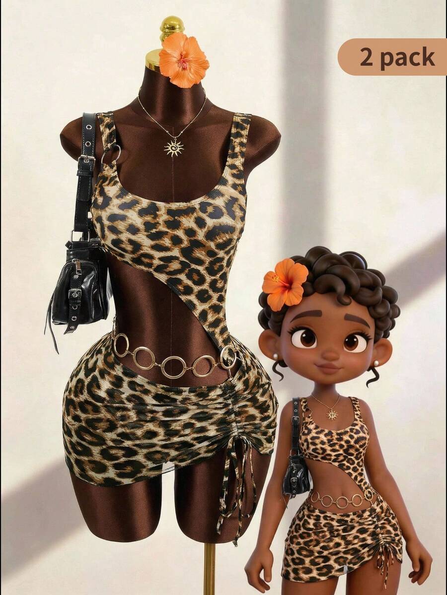 Zestiva 女士性感波西米亚风狂欢派对狂野豹纹不对称连体泳衣及沙滩裙两件套，适合海滩度假 - 棕色 - 查看 1