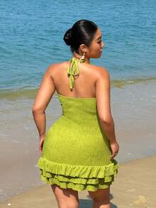 Sunnyshic Große Größen Neckholder Rüschen Saum Retro Amerikanischer Stil Bodycon Kleid - Grün - Übersicht 3