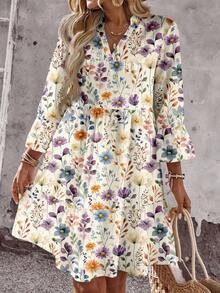 EMERY ROSE Plus Size Women Floral Print V-Neck Ruched Casual Vacation Dress - Multicolor - View 6