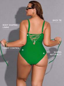 Plus Size Women Sexy One-Piece Swimsuit - Green - View 2