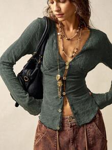 Bohemela 女式休闲纯色V领长袖针织上衣 - 黑色 - 查看 2