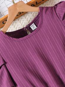 SHEIN Đầm thường ngày sọc cổ tròn tay ngắn cho bé gái tuổi mới lớn - Màu tím - Xem 3