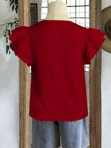 SHEIN VCAY Plus Size Women's Solid Color Round Neck Pleated Casual Versatile Daily Wear Blouse - Red - View 4
