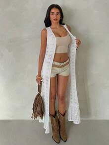 Glamine Vintage Romantic French Vacation Style Hollow-Out Long Vest - White - View 5