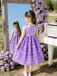 Vestido elegante de niña con flores 3D en púrpura, adecuado para fiestas y uso diario - Morado - Ver 3