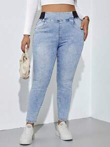 SHEIN Tall CURVE 大尺碼淺藍色夏季日常休閒女款高彈力牛仔褲，Y2K街頭風哥德頹廢風，適合生日、夜店、機場穿搭 - 中等水洗藍 - 查看 7