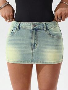 SHEIN PETITE Váy mini denim giản dị thiết kế túi ôm vừa vặn dành cho nữ - Màu xanh lam - Xem 3