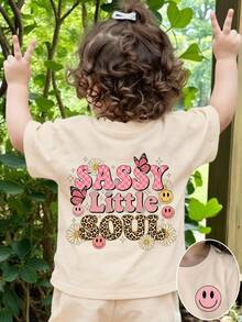 春夏女嬰休閒時尚創意個性清新極簡可愛卡哇伊卡通臉格紋滑板閃電星形圖案字母標語印花休閒基礎圓領短袖上衣，舒適日常穿著 - 米色 - 查看 7