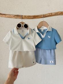 SHEIN 4件套男宝宝学院风夏季可爱印花短袖Polo衫、休闲短裤、格子裤套装，适合生日派对、锐舞派对、晚宴、演出、婚礼、迎婴派对、洗礼、一周岁生日庆祝、婚礼宾客、迎婴派对洗礼服 - 彩色 - 查看 4