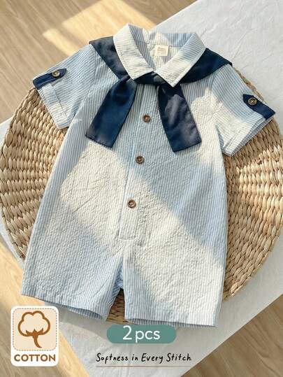 Cozy Pixies Baby Boy/Girl Casual Striped Short Sleeve Shirt, Solid Color Shawl Collar Romper Shorts, Suitable For Spring/Summer Wear, Indoor And Outdoor Baby Boy Collar Romper Baby Boy Short Sleeve Suit Blue Baby Boy Outfit Jumpsuit For Baby Boy Baby Boy Summer Romper Baby Boy Sailor Outfit Baby Boy Photo Shoot Clothes Baby Boy Outfit Set Cotton Boy Clothes