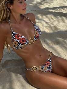 Swim Vcay Women's Leopard Print Floral Swimsuit Set - Coffee Brown - View 5