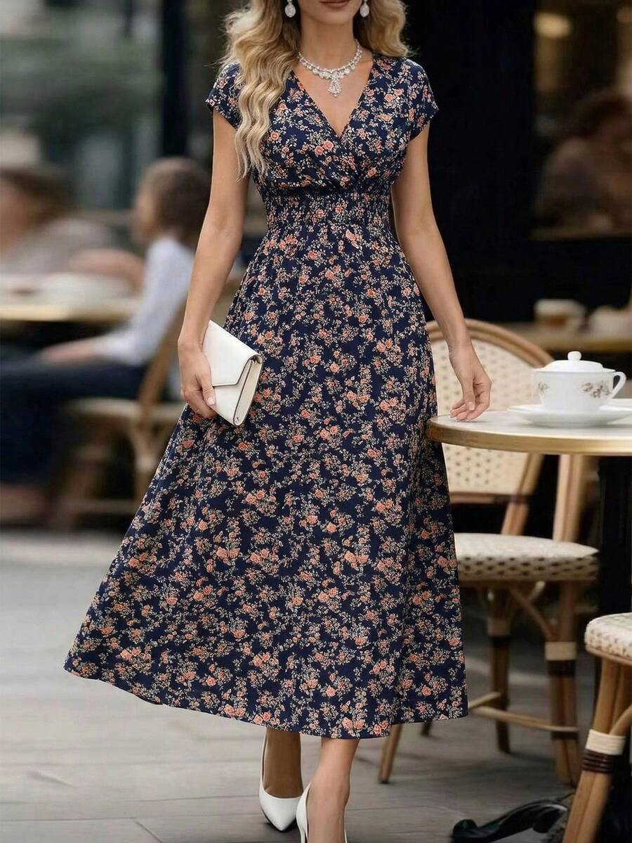 SHEIN LUNE 女式花卉印花褶皱腰连衣裙 女式长款服装 - 彩色 - 查看 1