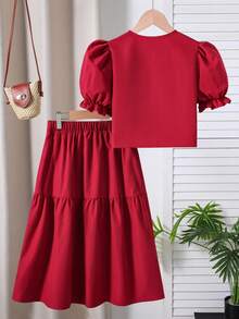 SHEIN 2pcs Tween Girl Print Petal Sleeve Shirt + Asymmetric Button Skirt Set, Comfortable Spring/Summer Holiday Outfit - Burgundy - View 2