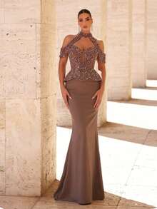 Glamrae 优雅奢华串珠刺绣网纱拼接弹力针织美人鱼连衣裙，适合婚礼、派对、节日、宴会等场合（重磅款） - 咖啡棕 - 查看 8