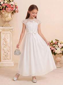 Pitira 少女白色纯色网纱刺绣透视拼接腰部连衣裙，白色公主裙，适合花童、婚礼季、情人节、派对、生日、春节等场合 - 白色 - 查看 4