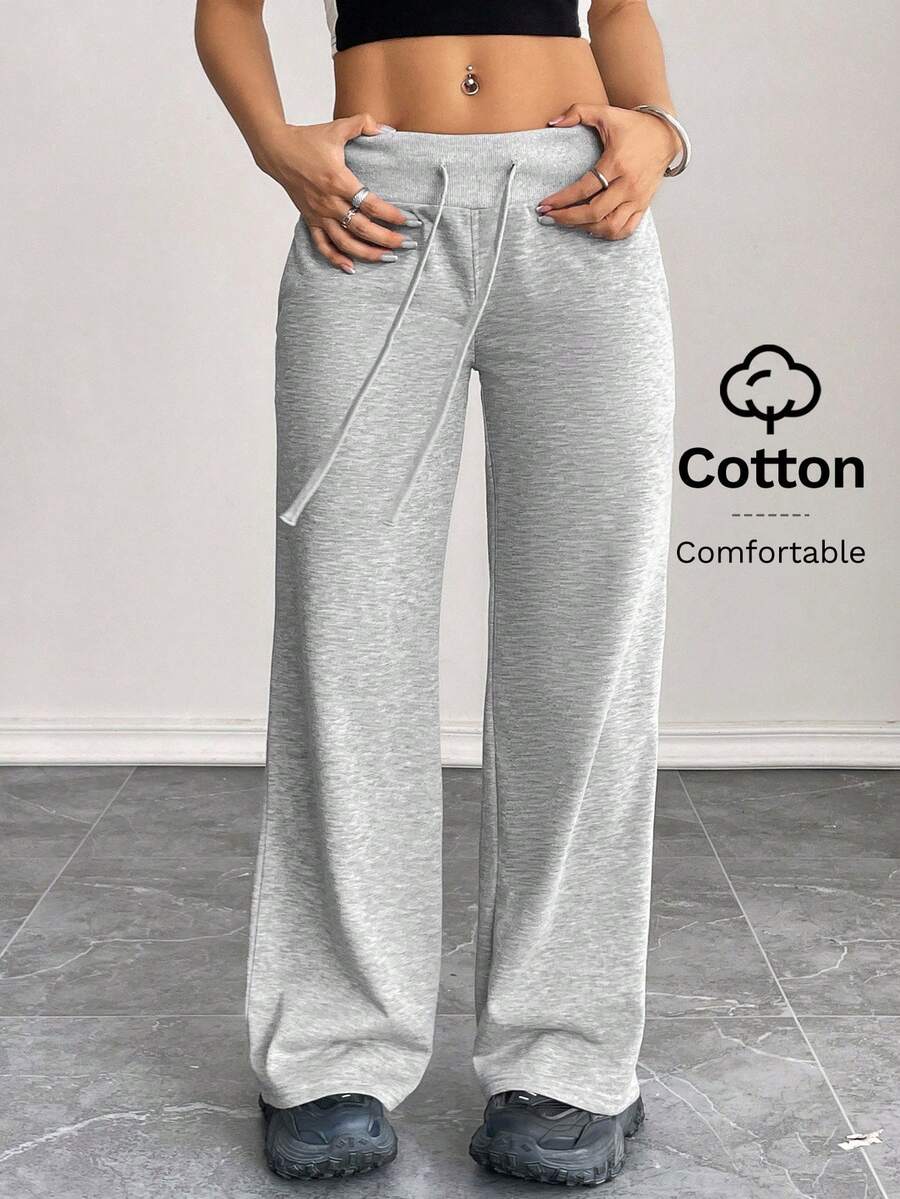 SHEIN PETITE Quần nỉ nữ ống rộng cạp thấp, chất liệu dệt kim trơn, thoải mái và giản dị. - Xám - Xem 1