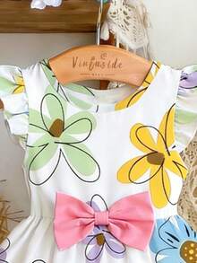 SHEIN 1件，适合6个月至2-3岁女童，甜美活泼/清新森林风，彩色花卉印花+蝴蝶结装饰喇叭袖公主裙，轻盈、活泼、吸睛，适合日常穿着、上学、生日派对、野餐、儿童节、春夏秋季等场合。 - 彩色 - 查看 5